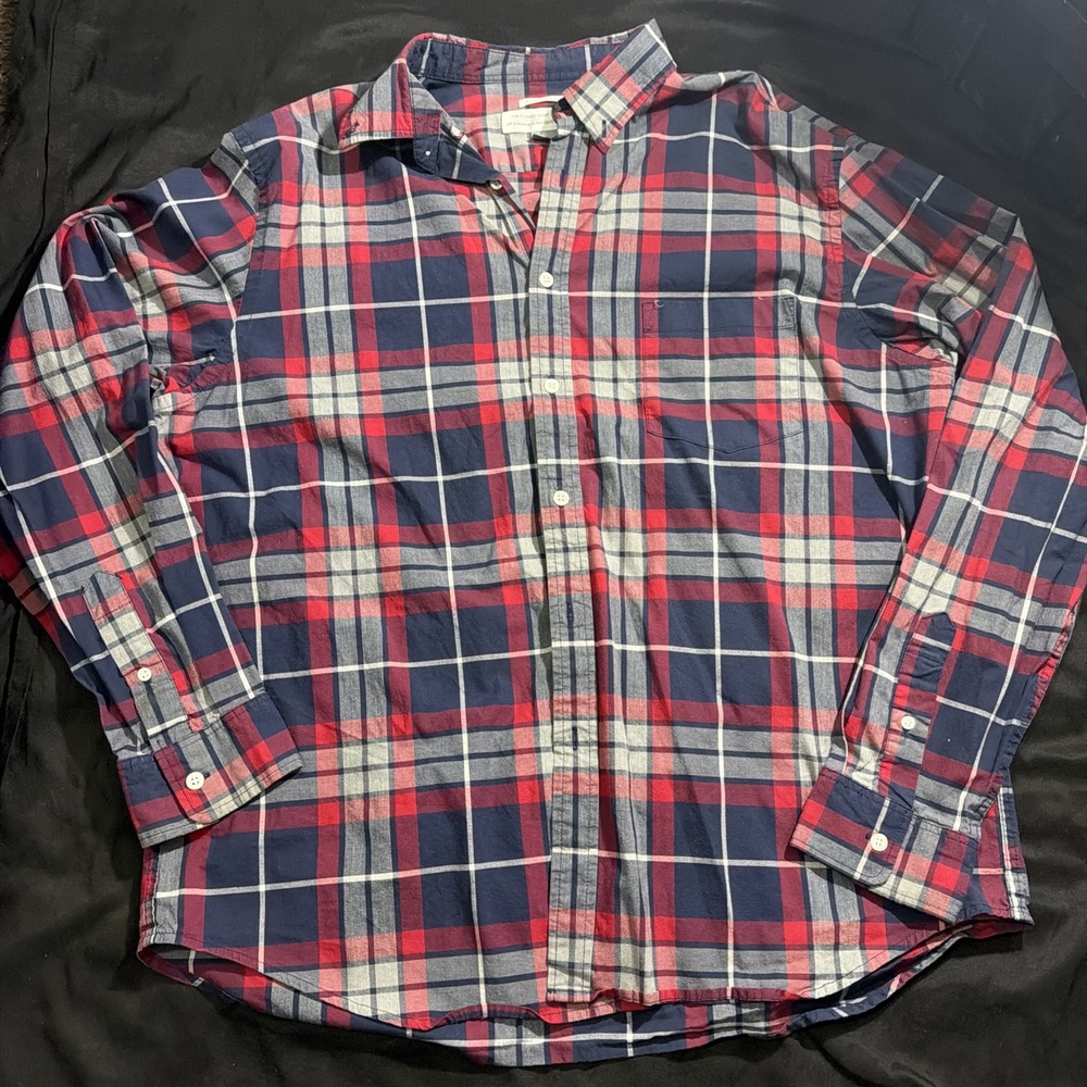 English Laundry Mens Plaid Button Down Shirt Long Sleeve Navy Red Grey Large